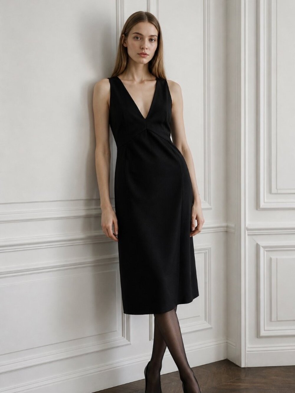 NWOT ZARA Black V-Neck Sleeveless Sheath Midi Dress Size M